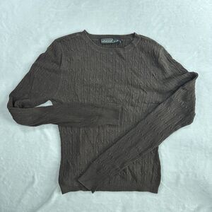 Takeout Green Cable Knit Silk Long Sleeve V Neck Sweater Womens Medium Stains